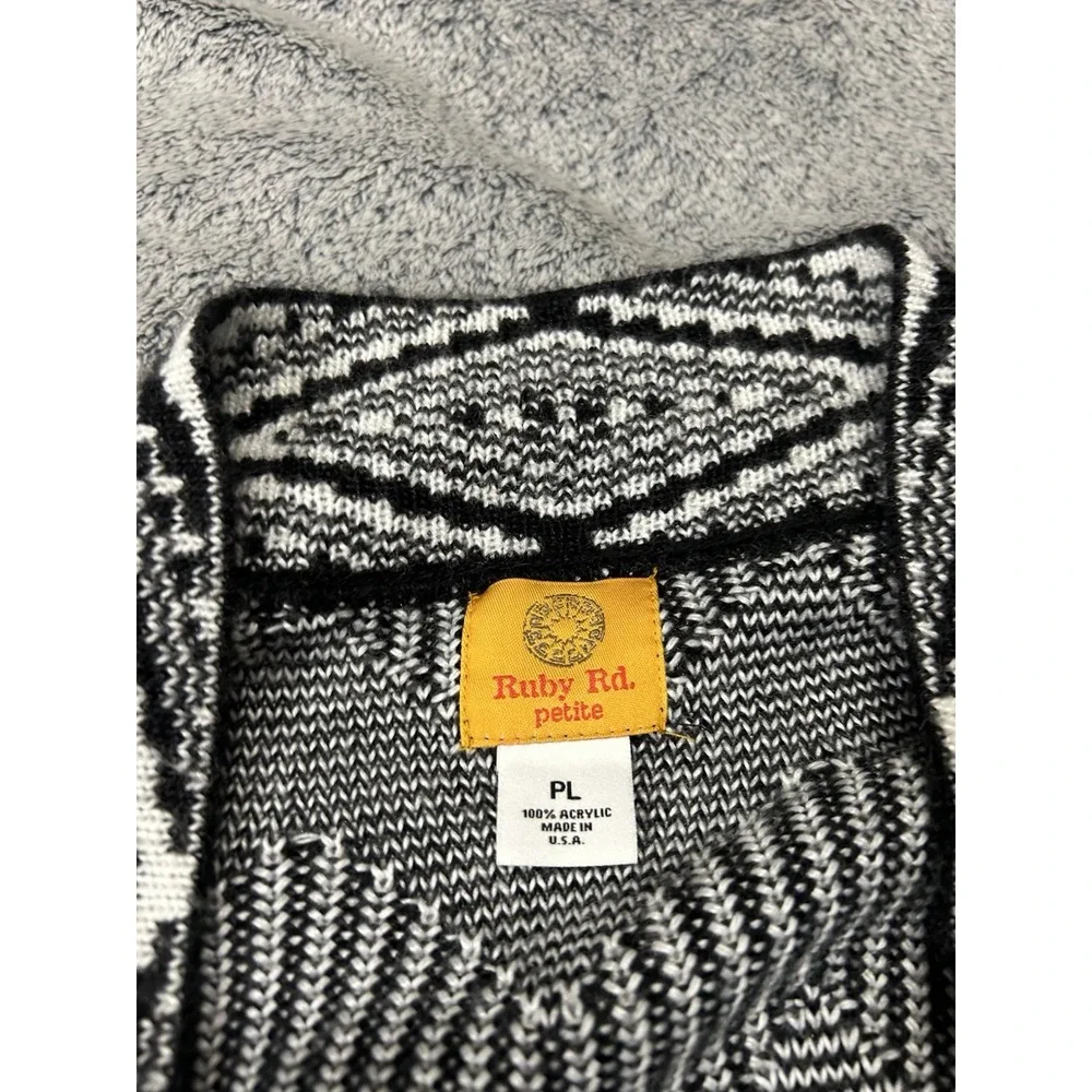 Ruby Rd. Women's Petite PL Black & White Geometric Knit Open Front Cardigan